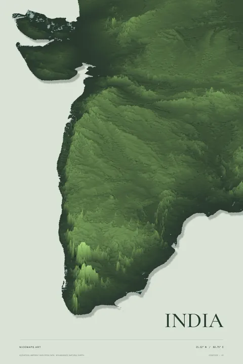 Southern India terrain in green on ivory