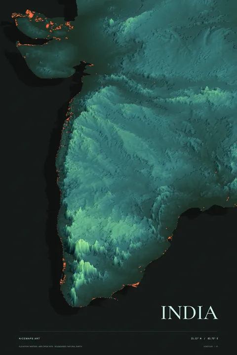 Southern India terrain in teal on charcoal