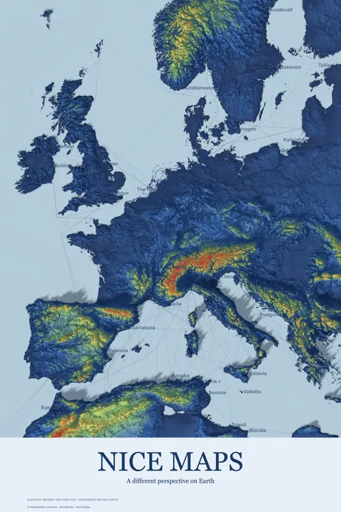 Europe terrain in blue with colorful mountain ranges