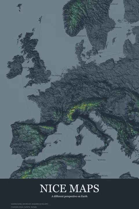 Europe terrain in muted blue on charcoal