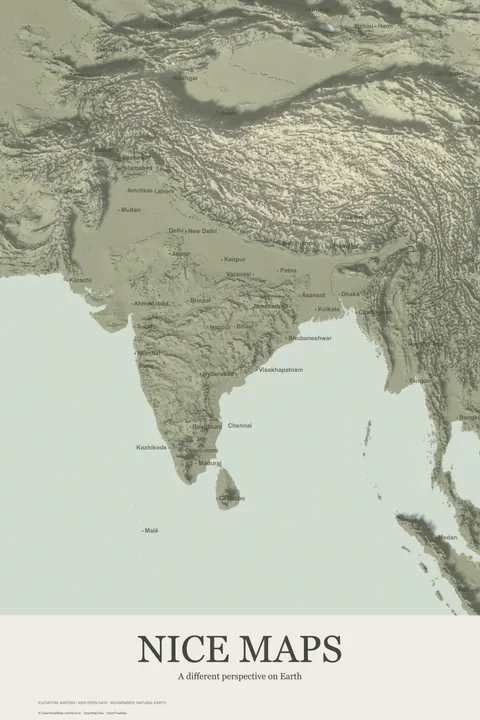 India and the Himalayas in warm neutral tones