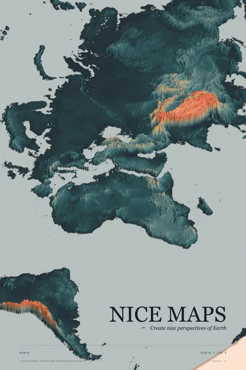 Europe terrain in teal with orange mountain ranges