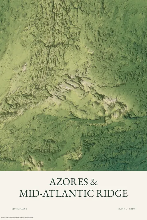 Green ocean-floor relief around the Azores and Mid-Atlantic Ridge