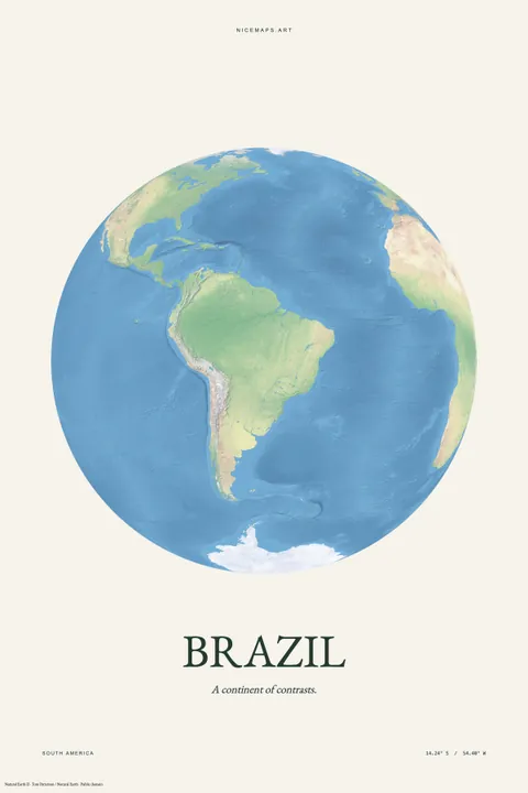 Natural-color globe centered on Brazil on ivory