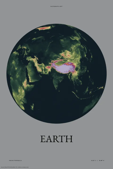 Dark globe with vivid elevation colors centered on Asia