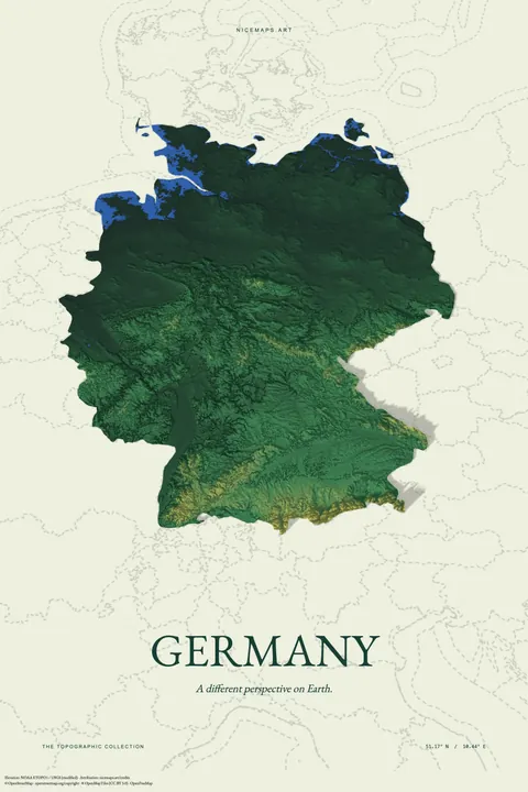 Germany in green relief on pale ivory