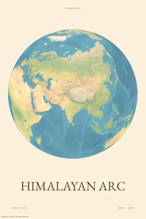 Natural-color globe centered on Asia on warm cream