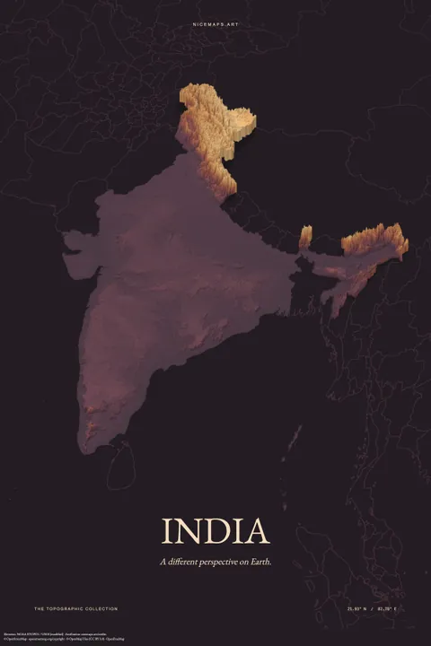 India in plum and gold relief on charcoal