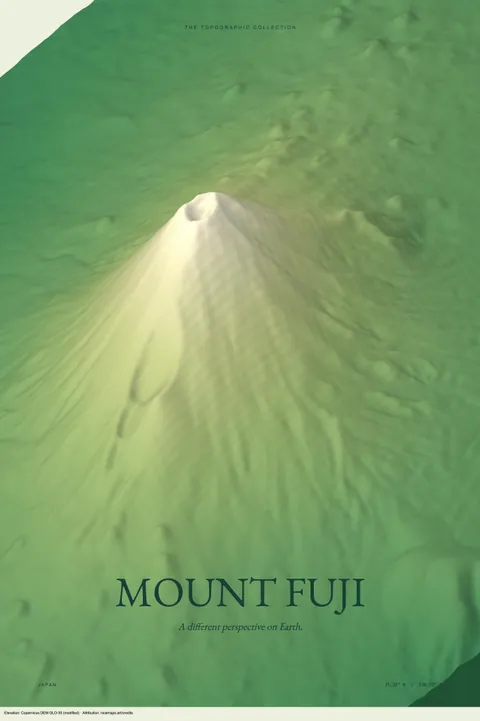Mount Fuji in soft green volcanic relief
