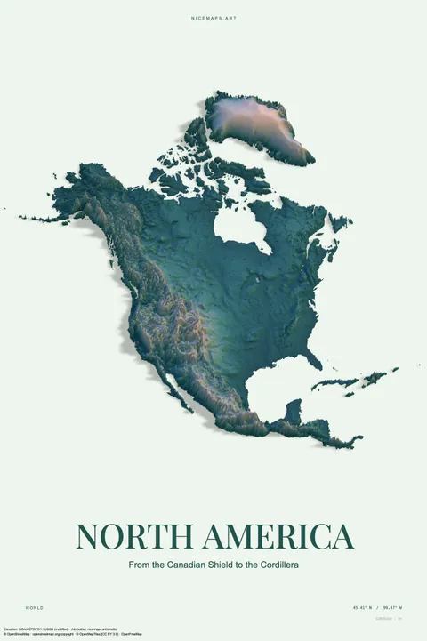 North America in blue relief on ivory