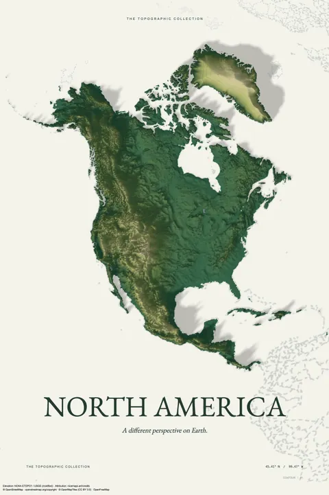 North America in green relief on ivory