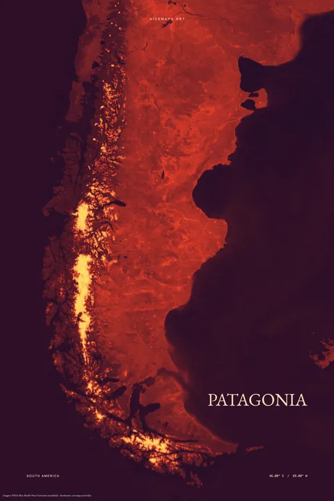 Patagonian terrain in fiery red and plum
