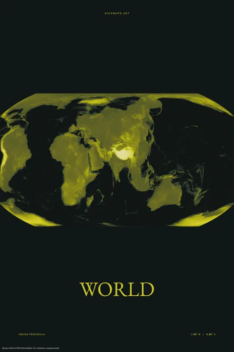 Equal Earth world map in sulfur yellow on charcoal