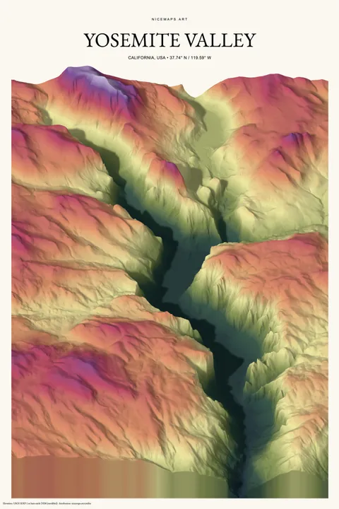 Yosemite Valley in colorful elevation relief